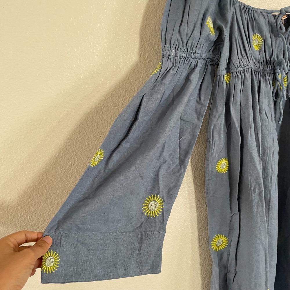NWOT Free People Sun Embroidery Midi Dress Cottagecore L Blue Summer Linen Boho - Picture 5 of 16